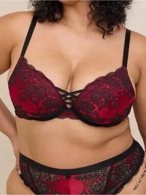 torrid Red and Black Lace Push-Up Bra with Crisscross Detail